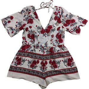 Row A White Romper with Red Flowers and Criss Cross Front Size XL